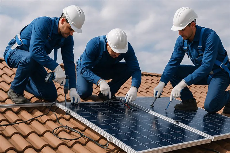 Equipe própria da Cetel instalando painéis solares em telhado no Pará