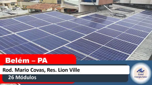 Sistema solar de 26 módulos instalado pela Cetel na Rodovia Mário Covas, Residencial Lion Ville, Belém, Pará