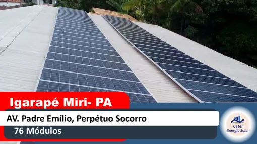 Sistema solar de 76 módulos instalado pela Cetel na Av. Padre Emílio, Perpétuo Socorro, Igarapé-Miri, Pará