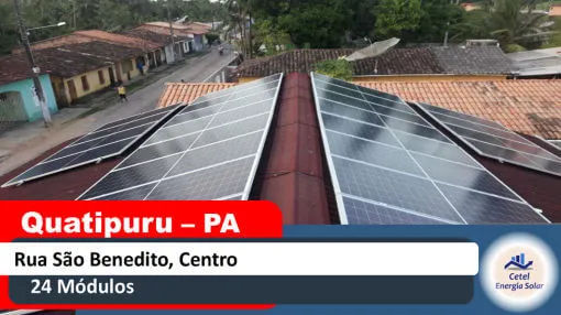 Sistema solar de 24 módulos da Cetel na Rua São Benedito, Centro, Quatipuru, Pará