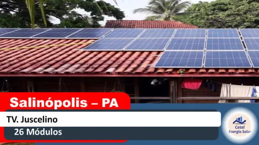 Sistema solar de 26 módulos da Cetel na Travessa Juscelino, Salinópolis, Pará