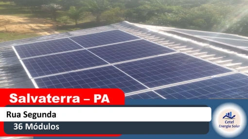 Sistema solar de 36 módulos da Cetel na Rua Segunda, Salvaterra, Ilha do Marajó, Pará